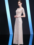 Champagne Luxury Sequined Evening Dress Half-sleeve Long Formal Dress O-neck A-line Celebrity Dress Floor-lenght Robe De Soriee