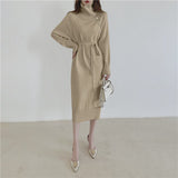 Turtleneck Long Sleeve Sweater Dress With Belt Button Knitted Elegant Midi Dress