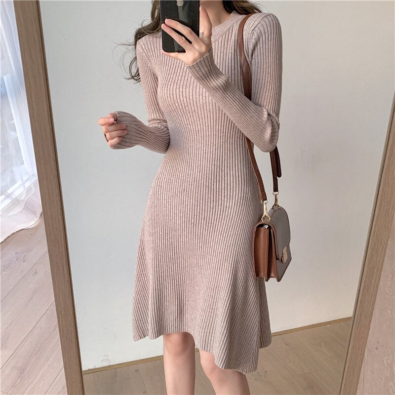 Winter Elegant Casual Ribbed Knitted Dress Crew Neck Long Sleeve Solid A Line Mini Dress