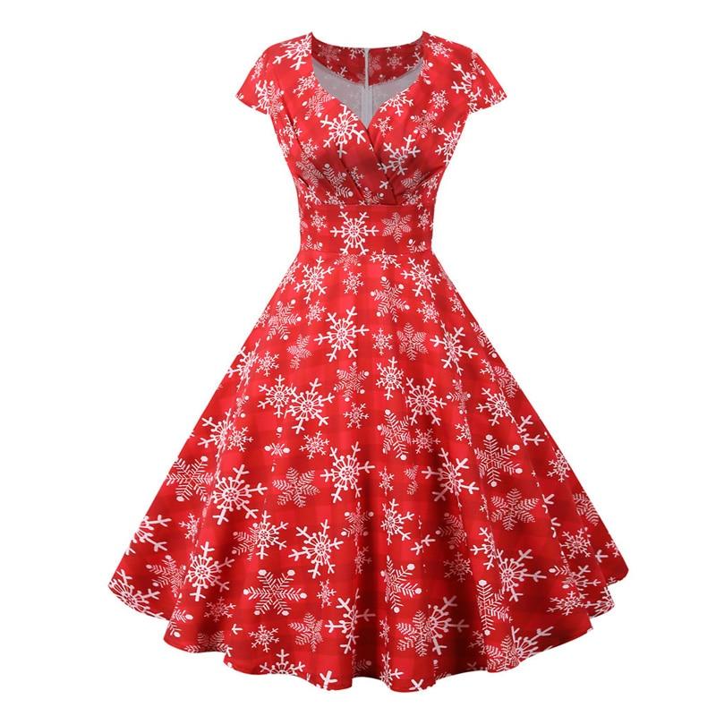 2021 Snowflake Print Red V Neck Wrap High Waist Vintage Robe Women Christmas Gift Cap Sleeve Elegant Party Dress Plus Size