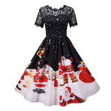 Santa Claus Print Elegant Women Lace Short Sleeve Vintage Pleated Dress Plus Size
