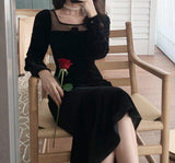 Vintage One Piece Dress Korean Long Sleeve Black Velvet Dress Office Lady 2021 Winter Lace Slim Midi Dress Women Party Design