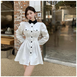 Women Lapel Single-Breasted Denim Dress Spring Long Sleeve Slim Waist Female Mini A-Line Dress Vintage Vestidos