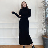 Autumn Winter Women Thicken Puff Sleeve Sweater Dress Casual Turtleneck Bodycon Female Knitted Dress Vestidos