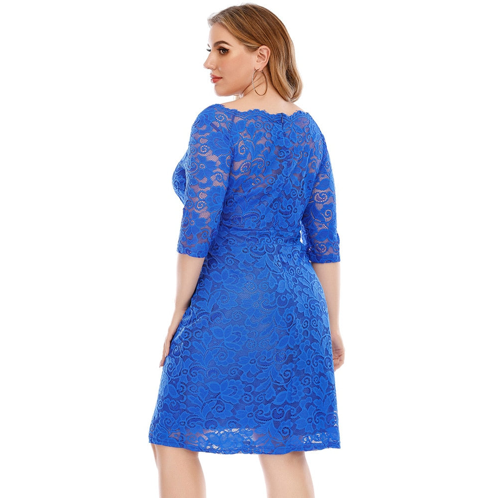 Royal Blue Formal 5XL Plus Size Women 3/4 Sleeve High Waist Lace Evening Party Dinner Dresses