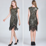 1920s Vintage Flapper Party Art Deco Great Gatsby Dress Shiny O-Neck Cap Sleeve Sequin Bead Fringe Embellished Dress