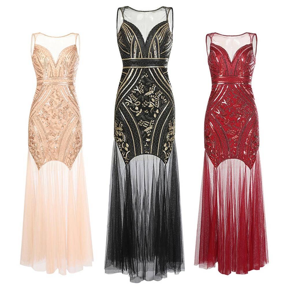 1920s Great Gatsby Robe De Soiree Sequins Beading Evening Dresses Mermaid Formal Sleeveless Round collar Prom Party Long Dress