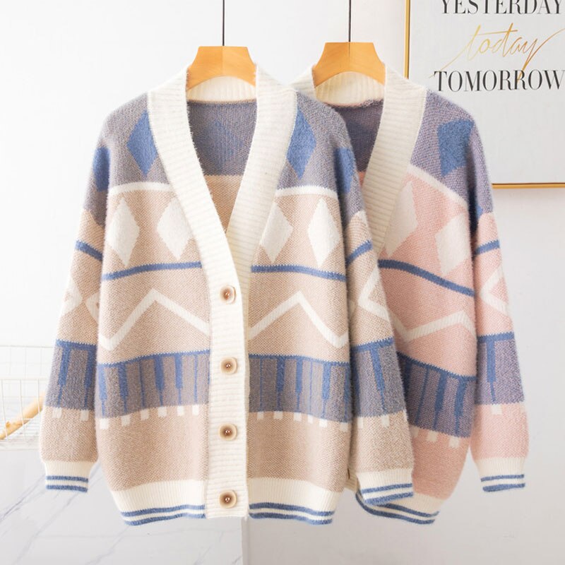 Autumn Women Long Sleeve Geometric Patterns Sweater Coat Casual Loose Knitted Cardigan