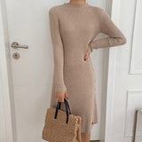 Autumn New Women Fashion Sweater Dress O-Neck Long Sleeve A-Line Knitted Solid Vestidos Femme