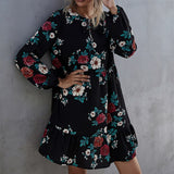 Ruffles Print Women O-neck Full Sleeve High Waist Casual Black Floral Dress