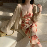 French Vintage Strap Dress Women Sweet Elegant Sleeveless Sexy Floral Casual V-neck Beach Party Dress