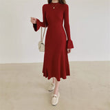Fall Winter Sexy Cut Out Mock Neck Casual Sweater Dress Flare Sleeve Chic Knitted Elegant Midi Dress