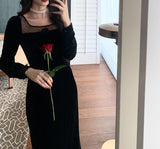 Vintage One Piece Dress Korean Long Sleeve Black Velvet Dress Office Lady 2021 Winter Lace Slim Midi Dress Women Party Design