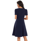 1950s Vintage V Neck High Waist Short Sleeve Pin Up Swing Robe Retro Casual Dress