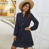 Summer Women Elegant A-line Vintage Casual Polka Dot Midi Boho Office Long Sleeve Dress