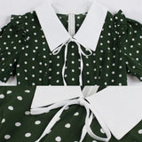 Green Polka Dot Vintage Short Sleeve Turn Down Collar High Waist Robe Retro Casual Dress