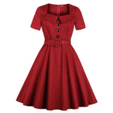 Women Vintage 50s 60s Retro Cotton Short Sleeve Robe Pin Up Swing Red Casual Dress With Pockets