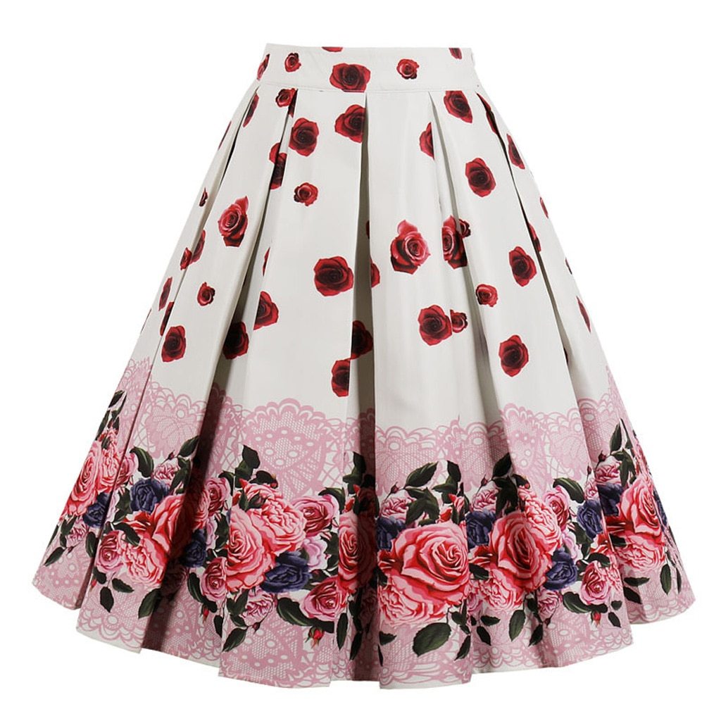 Polka Dot High Waist Floral Pleated Skirts Womens Summer Red Rose Flower 50s Rockabilly Swing Vintage Midi Plus Size Skater 4XL