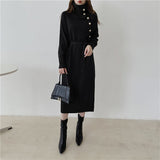 Turtleneck Long Sleeve Sweater Dress With Belt Button Knitted Elegant Midi Dress