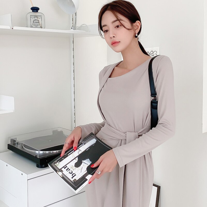 Women Slim Sweater Dress Long Sleeve Diagonal Collar Korean Elegant Knit Dresses Autumn Winter Vestidos