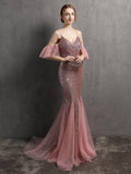 Spaghetti Strap Ruffle Sleeve Mermaid Evening Dress V Neck Sequins Party Prom Pink Floor Length Vestidoes
