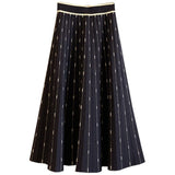 Autumn Women A-Line Elastic High Waist Stripe Knitted Black Skirts Outwear