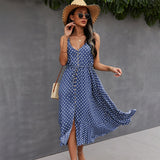 Summer Dot Print High Waist Sexy V-Neck Backless Women Split Hem A-line Beach Dress