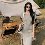 Summer Party Ladies Short Sleeve Womens Solid Bodycon  Midi Dress O Neck Casual Slim Vestido Drawstring Split Dresses