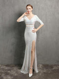 New Women See-through Green Sequin Evening Dress Long Slit Party Dress