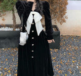 French Black Velvet Midi Dress Women Korean Fashion Evening Party Dress Office Lady Bow Design Lace Vintage Dress 2021 Autumn