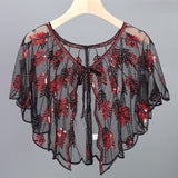 Retro 1920s Beaded Sequin Shawl Vintage Flapper Evening Cape Sheer Mesh Embroidery Leaf  Women Bolero Party Accessories