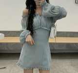 Autumn Solid Elegant Dress Women Korean Princess High Waist Casual Sweet Dress Female Party Long Sleeve Mini Fairy Dress