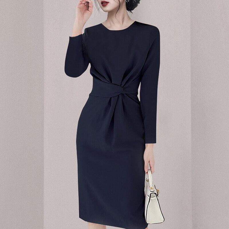 Women Office Ladies O-Neck Full Sleeve Dress Female 2021 Spring Slim Waist Sheath Knee-Length Dress