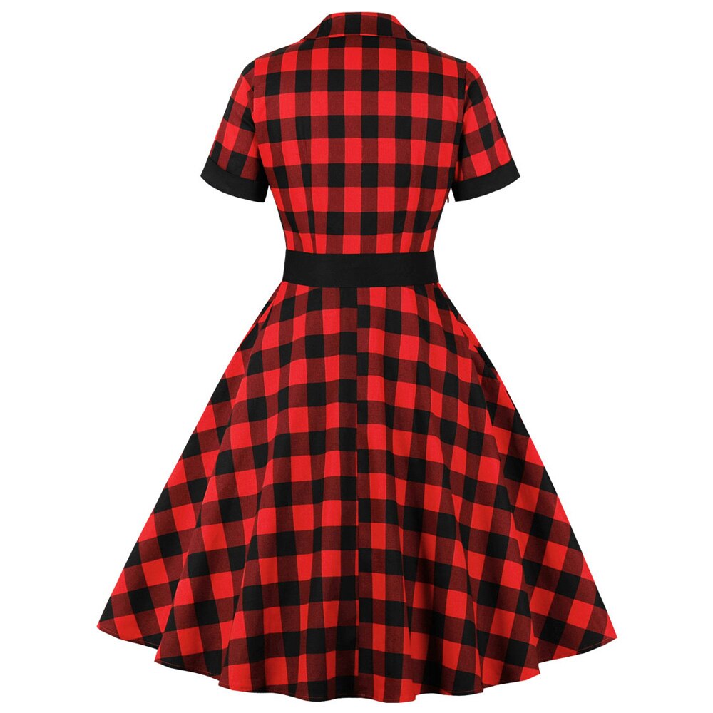 Red Plaid Short Sleeve Cotton Robe Pin Up Swing Checked Print Vintage 50s 60s Dresses