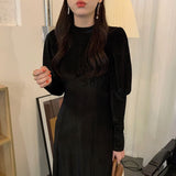 Autumn Women Vintage Elegant Lantern Sleeve A-Line Dress Female Stand Collar Slim Waist Velvet Midi Vestdios