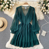 Ruffle Hem Chiffon Dress Spring Fall V Neck Long Sleeve Elastic Waist Casual Mini Dress