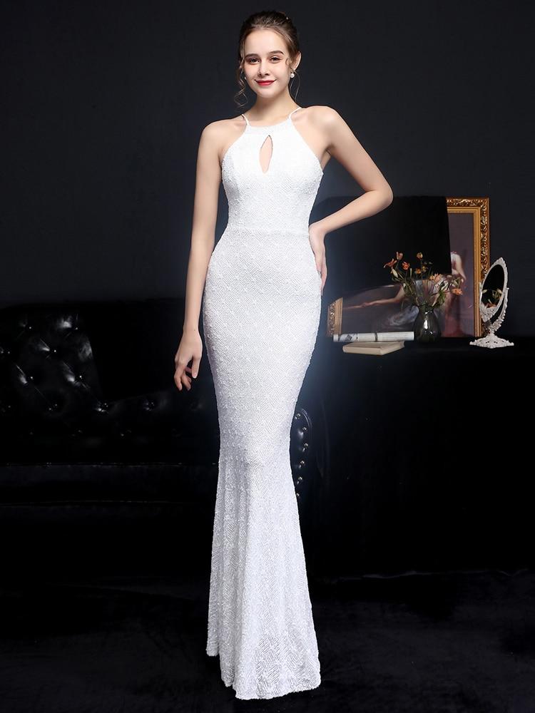 Off Shoulder White Sequin Evening Dress Women Sexy Hollow Out Party Maxi Dress