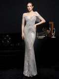 Sliver Sequin Dress Sexy V Neck Beading Evening Dress Women Party Strap Maxi Dress