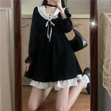 Autumn Black Lolita Dress Women Patchwork Elegant Vintage Party Mini Dress Female Casual Bow High Waist Korean Kawaii Dress