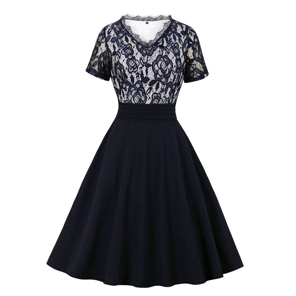 Navy Blue Lace Formal Short Sleeve Patchwork High Waist Robe Pin Up Swing Evening Party Dresses