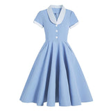 Light Blue Contrast Collar Button Up Short Sleeve Pockets High Waist Vintage Midi Swing Dress