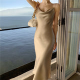 2021 Women Satin Deep Sexy Solid Straight Party Spaghetti Strap Midi Dress Elegant Female Summer Club Clothes