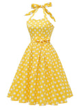 Polka Dot Yellow 1950s Vintage Pinup Belt Pleated Women Halter Neck Corset Evening Party Cotton Dress