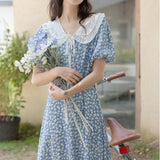 2021 Summer Sweet Elegant Dress Women Holiday Outing High Waist Blue Floral Casual Dress Female Puff Sleeve Fairy Midi Sundress