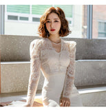 Autumn Women Lace Dress Elegant Lace Patchwork Hollow out Formal Party Knee-Length Bodycon Dress