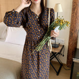 Women Fashion Print Mid-Length Dress Puff Sleeve Slim Waist Female A-line Dress 2021 Spring V-neck Vestidos