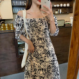 2021 Women Summer Clothes Vintage Style Off Shoulder Puff Sleeve Print Square Collar Split Holiday Midi Dress Vestido