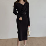 Women V-Neck Drawstring Knitted Midi Dress Korean Elegant Long Sleeve Autumn Winter Female Chic Sweater Dresses