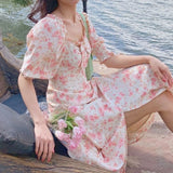 Summer Elegant Floral Print Dress Women Kawaii Korean Sweet Style Lace Up Slimming Dress Female Puff Sleeve Party Dress 2021