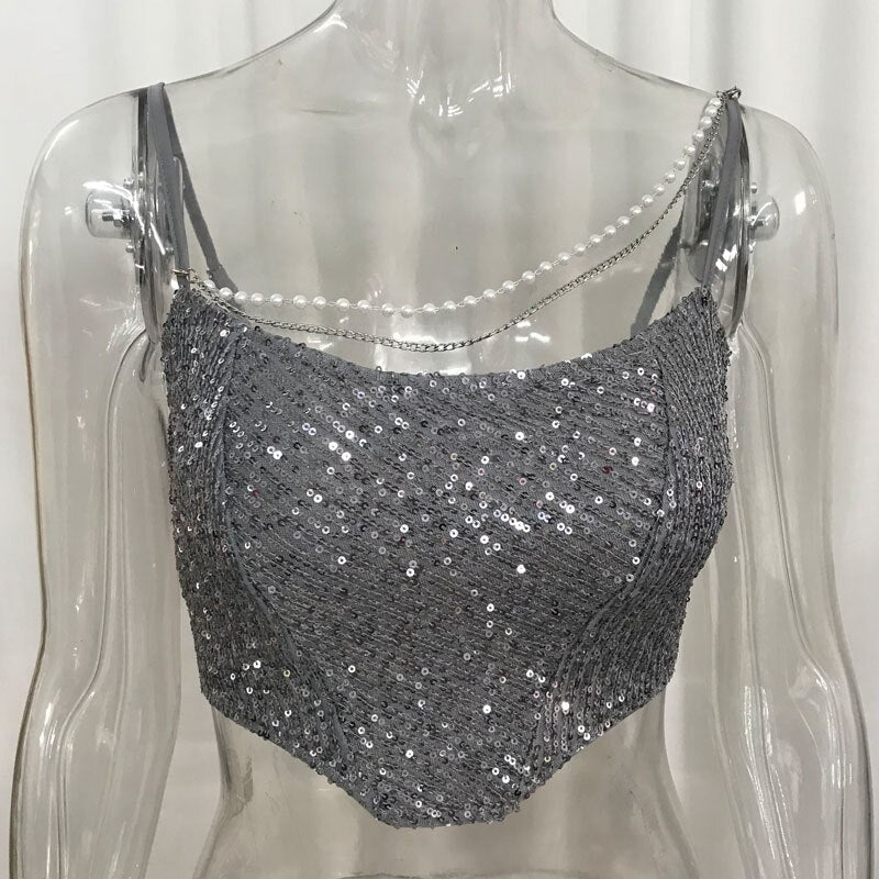 Pearls Chain Sequins Cami Sparkle Club Sequined Women Corset Tops